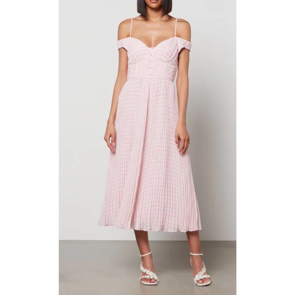 Self Portrait Pink Gingham Print Chiffon Midi Dress 8